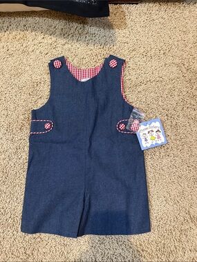 Three Sisters Navy Girls' Pinafore Jumper with Red Gingham Trim